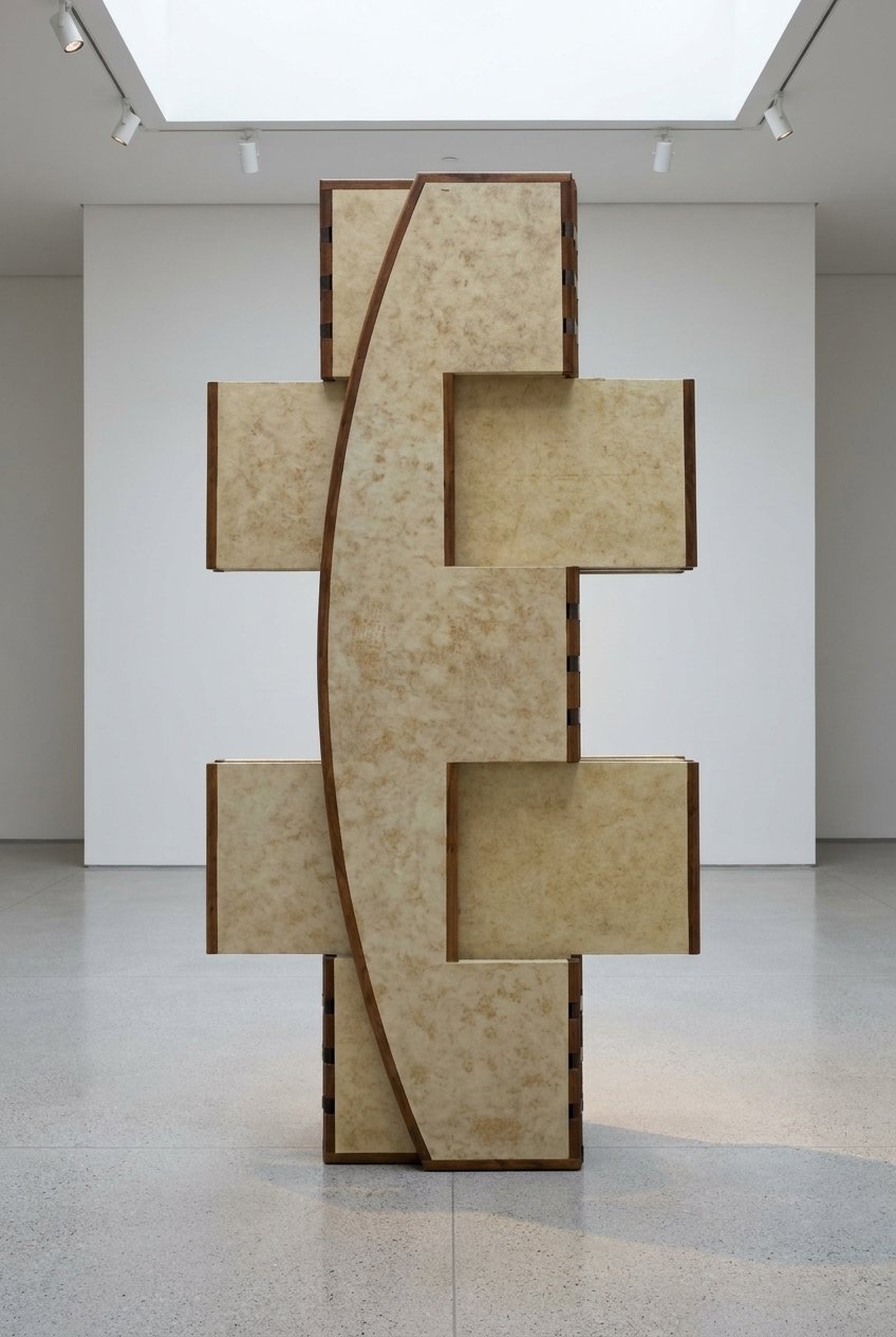 A escultura móvel Macho recolhida em coluna vertical simétrica no centro de uma sala branca.