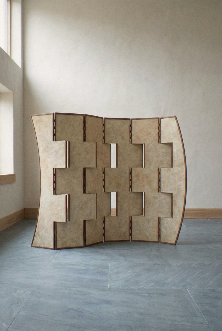 A escultura móvel Macho aberta em curva sobre piso de pedra cinza em uma sala com luz lateral.