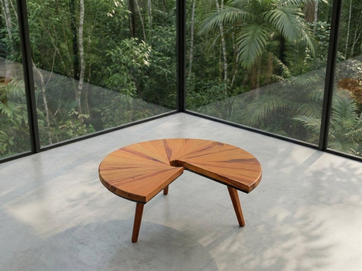 Mesa Caracol em madeira de recuperação, com corte radial e centro aberto, diante do encontro de duas paredes de vidro.