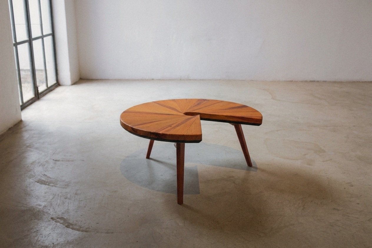 Mesa Caracol redonda e aberta no centro sobre piso cimentado, em uma sala ampla com janela alta à esquerda.