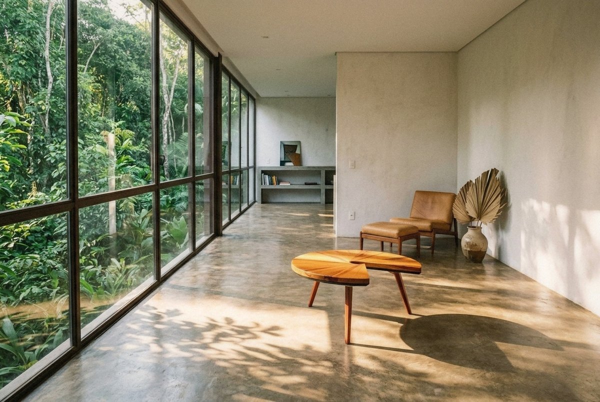Mesa Caracol em sala ensolarada ao lado de poltrona de couro e grande parede de vidro.