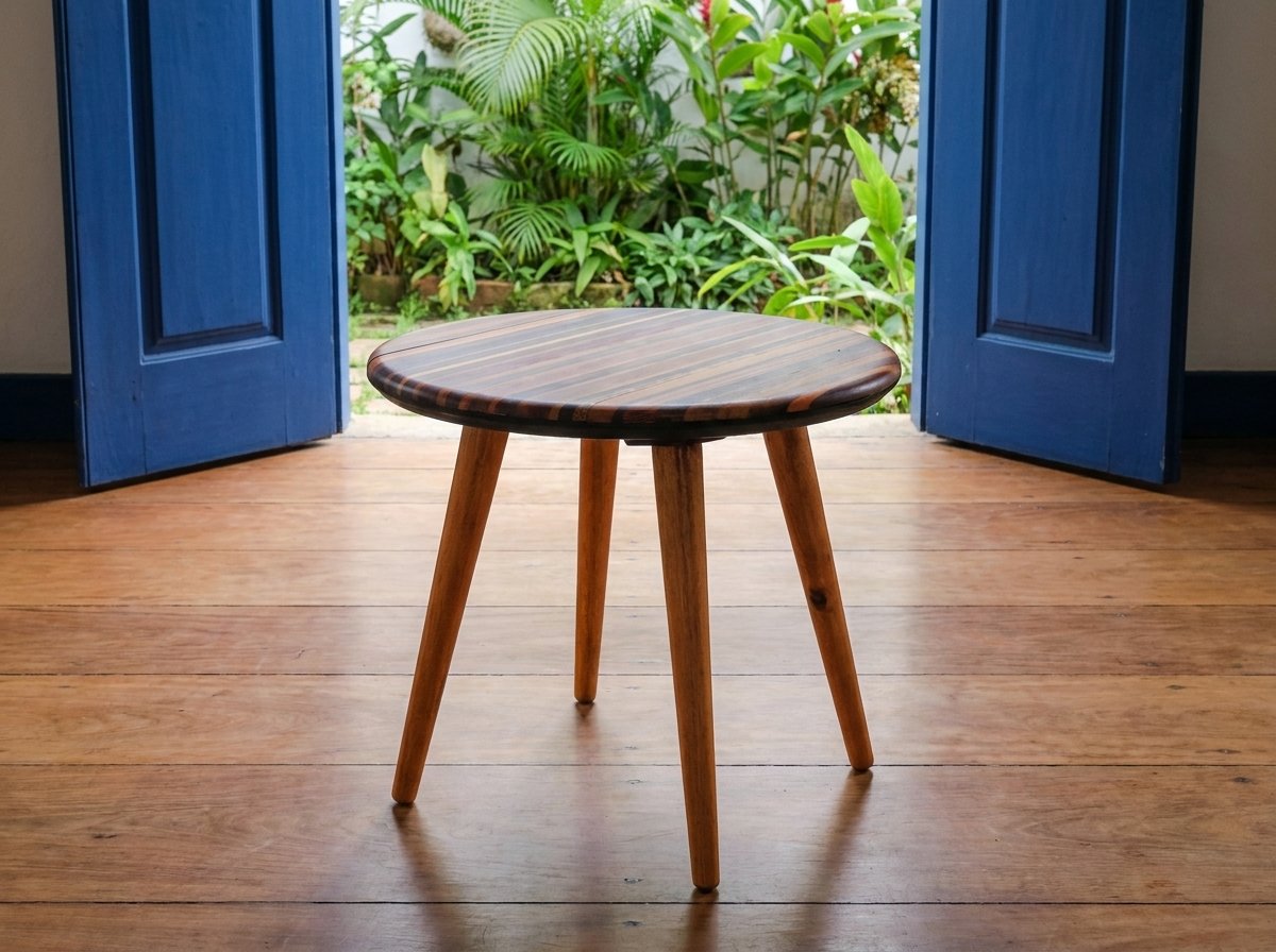 Mesa Flor com pernas torneadas e tampo circular em madeira diante de portas azuis abertas para a vegetação.