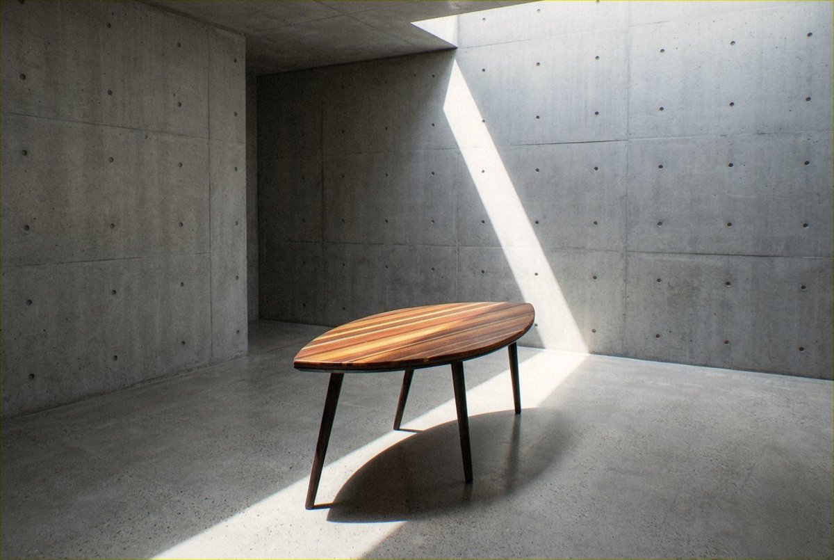 Mesa Folha no centro de um espaço de concreto sob um facho diagonal de luz natural.
