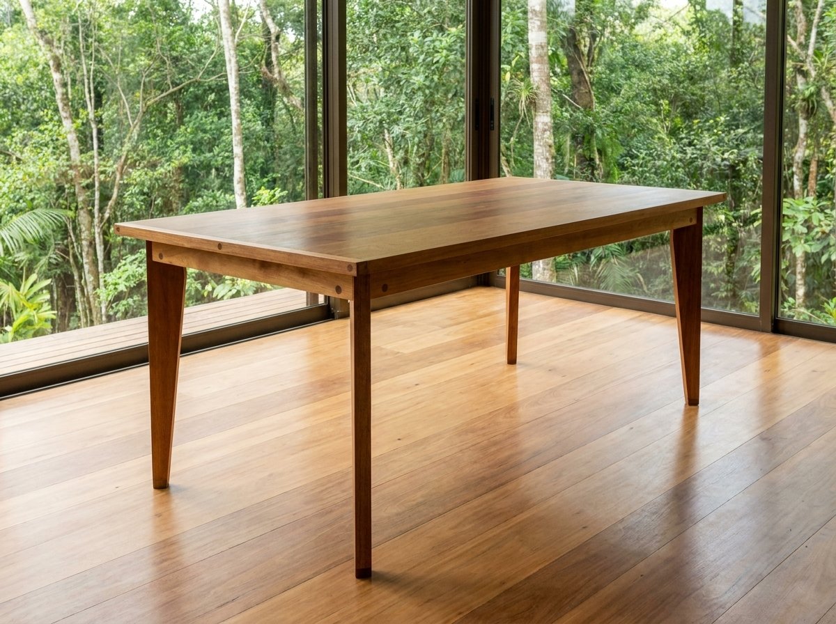 Mesa jantar em tamarindo vista de três quartos sobre piso de madeira diante de grandes janelas de vidro.