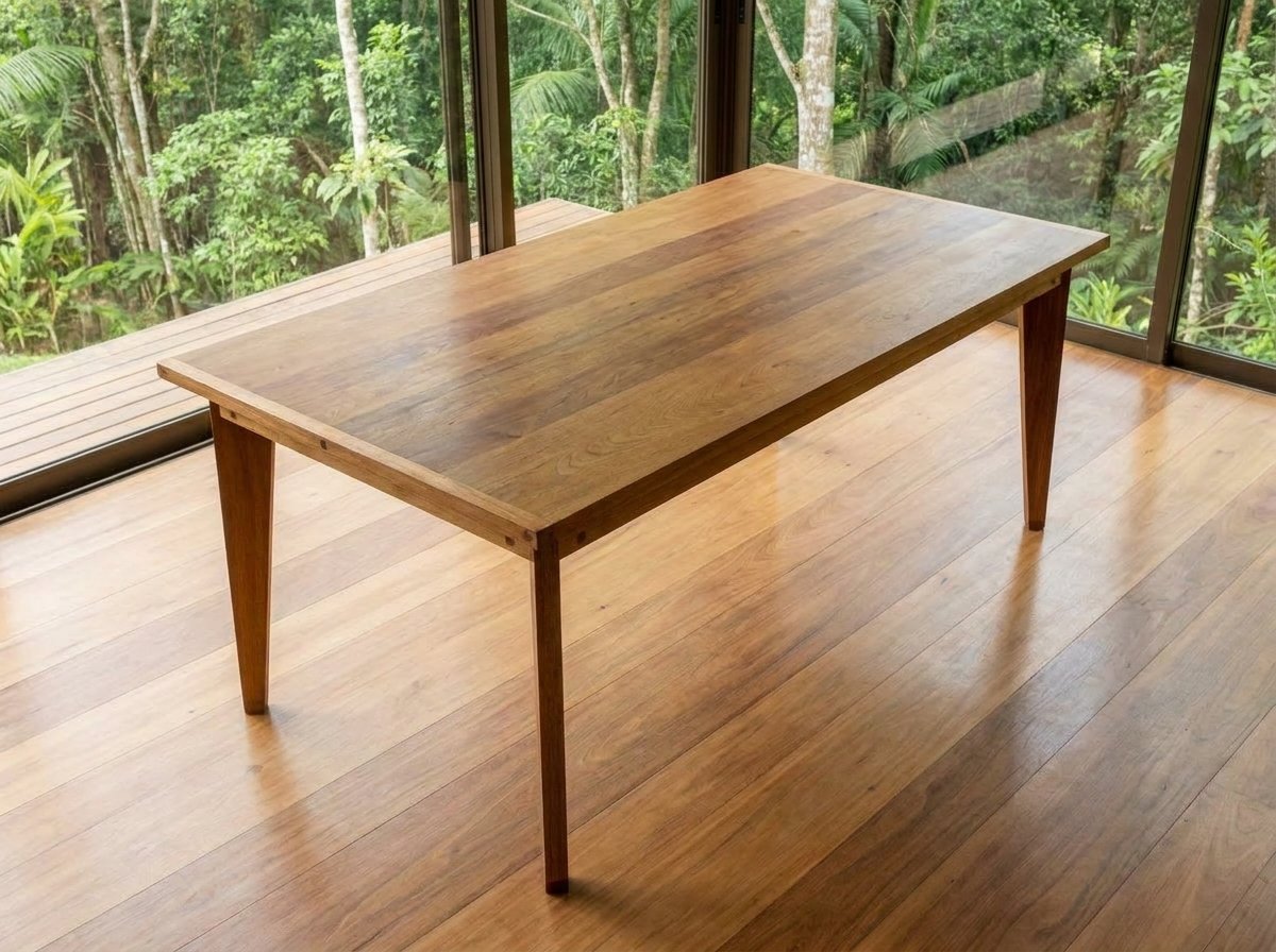 Mesa jantar em tamarindo vista em ângulo oblíquo superior que mostra as réguas do tampo de madeira.