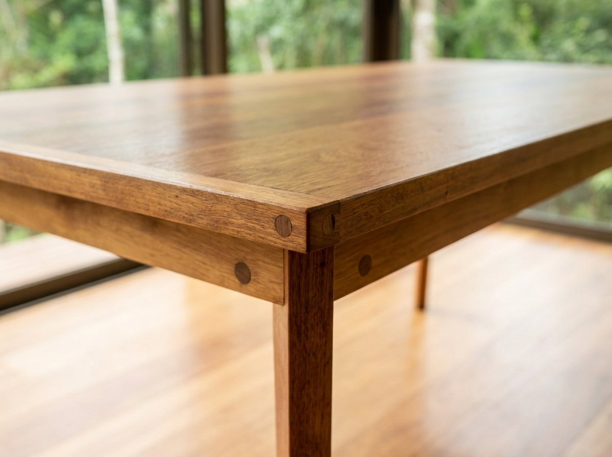 Detalhe do canto da Mesa jantar em tamarindo com encaixes de madeira e perna torneada visíveis.