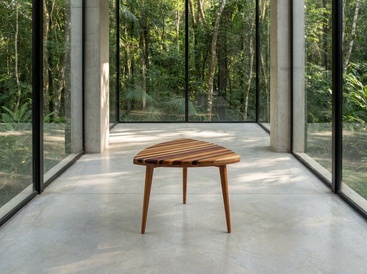 Mesa Pipa baixa em diversas madeiras de demolição sobre piso claro diante de grandes janelas.