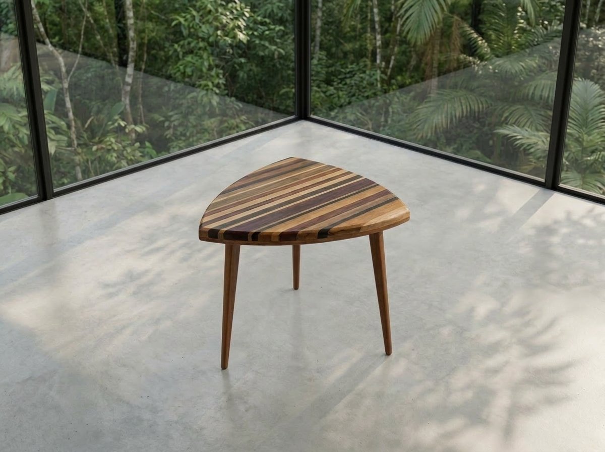 Mesa Pipa em diversas madeiras de demolição vista em ângulo no canto de uma sala de vidro.