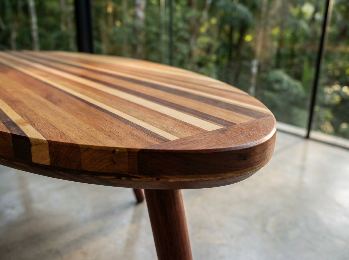 Detalhe do tampo oval ripado da Mesa Prancha em madeira de demolição com foco na borda curvada.