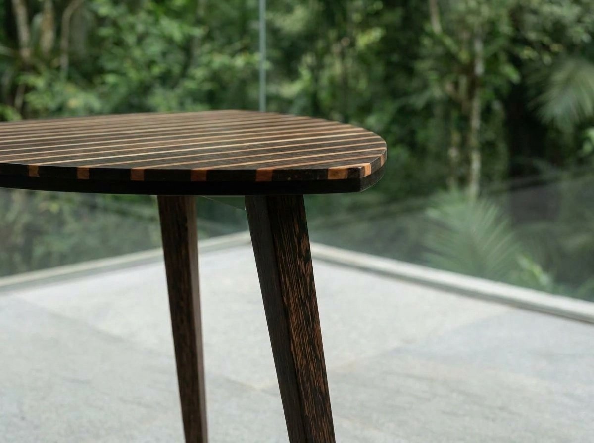 Detalhe da Mesa Pupunha em pupunha e pinho de riga, com tampo listrado sobre piso claro diante da mata.