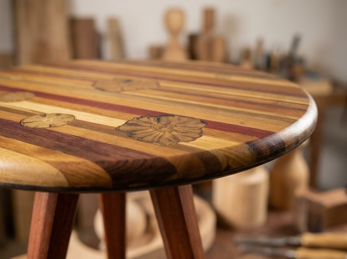 Detalhe aproximado do tampo da Mesa Tripé com faixas coloridas e incrustações em madeira de recuperação.
