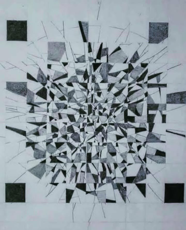 Num. 7, desenho a lápis sobre papel com composição geométrica centralizada e blocos escuros nas quatro pontas.