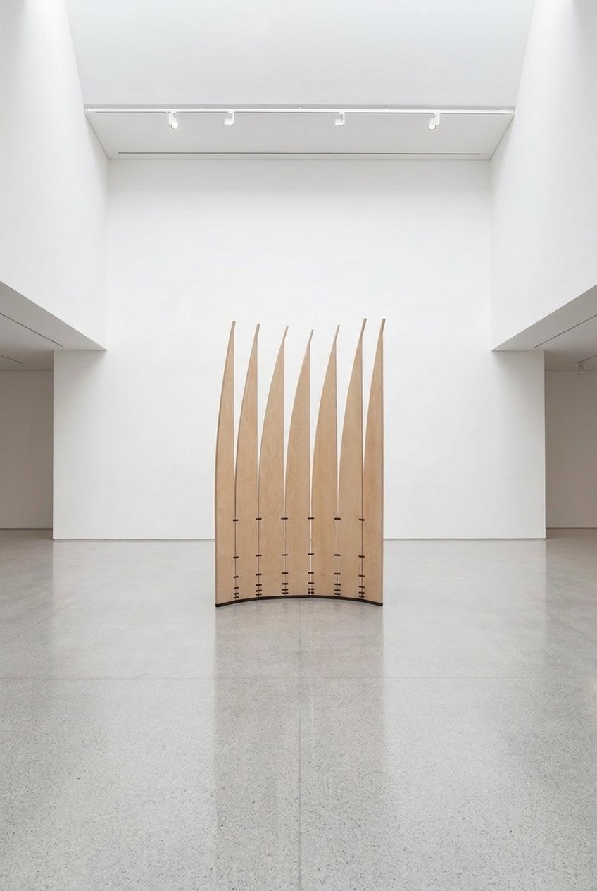 A escultura móvel Velas estende-se em curva suave sob a luz zenital de um átrio branco.