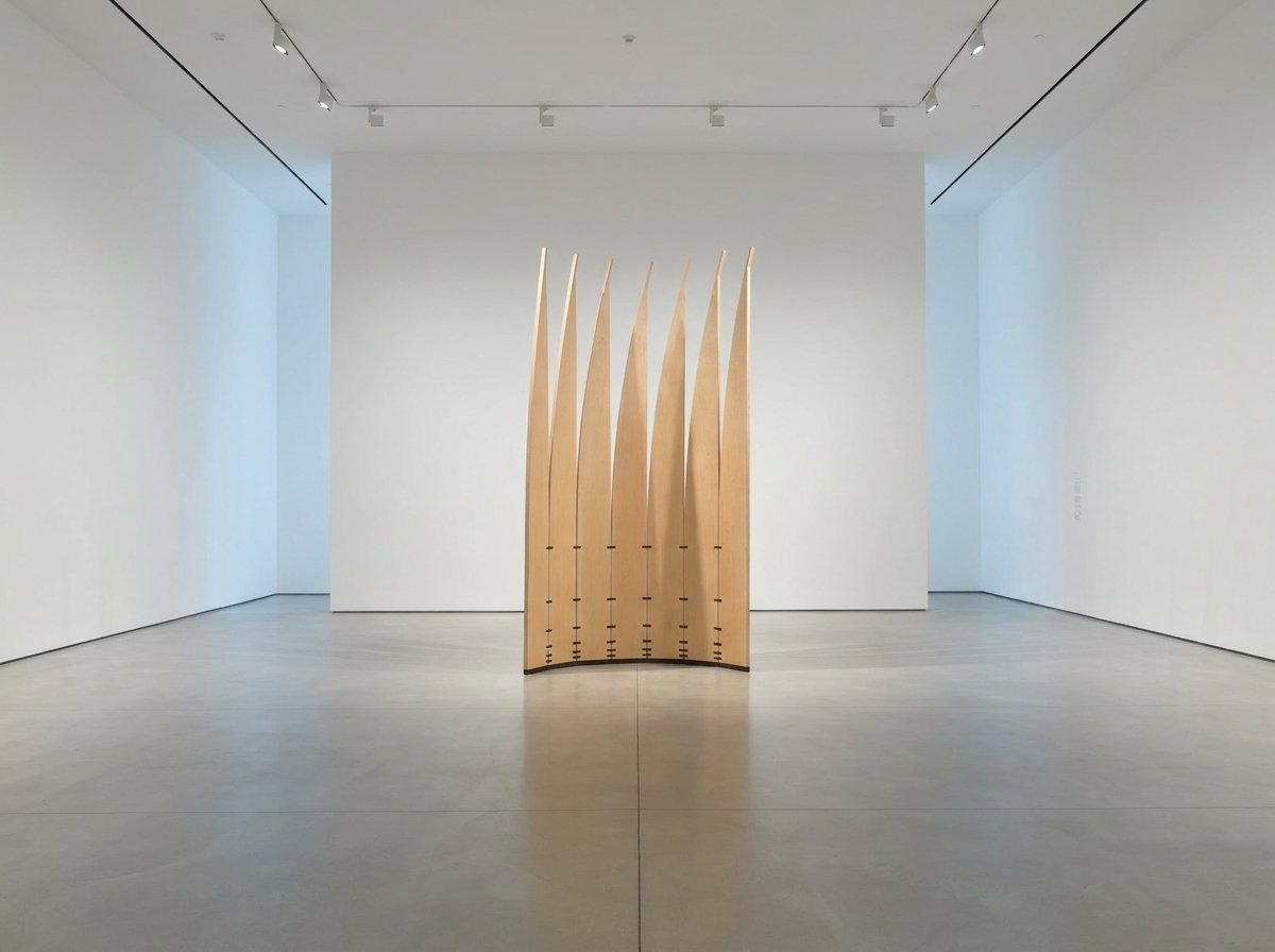 A escultura móvel Velas estende-se em arco no centro de uma galeria com piso polido e paredes brancas.