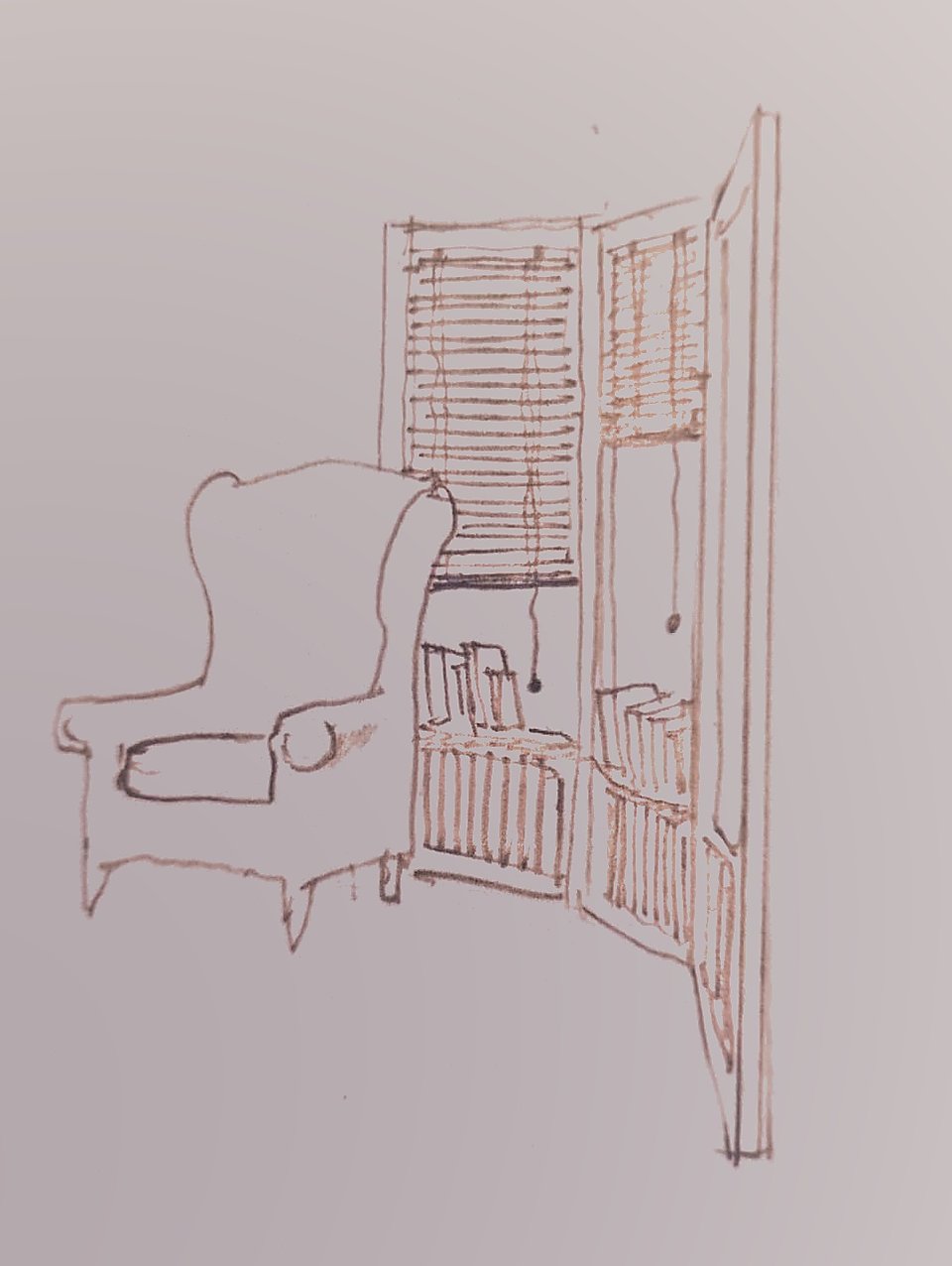 Desenho de uma poltrona diante do móvel Versá com persianas integradas e livros organizados nas prateleiras inferiores.