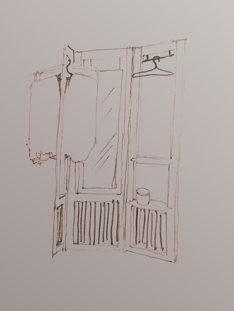 Desenho do móvel Versá articulado com roupas penduradas, espelho central e cabide na estrutura lateral.